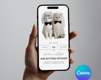 Illustrated Cat Save the Date Template | Minimalist Wedding Announcement (Digital Download)