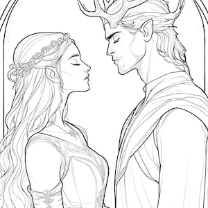 May include: A black and white line art illustration depicting two figures facing each other. One figure wears a floral crown and long flowing hair, while the other features prominent antlers, pointed ears, and a draped garment within an archway.
