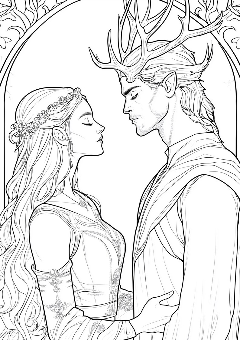 May include: A black and white line art illustration depicting two figures facing each other. One figure wears a floral crown and long flowing hair, while the other features prominent antlers, pointed ears, and a draped garment within an archway.