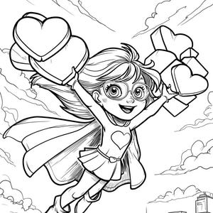 May include: Black and white illustration of a superhero girl flying through the sky, holding heart-shaped objects. The image includes the text, "The kindest heroes are the greatest!" The girl wears glasses, a cape, and a skirt, with a heart on her chest.