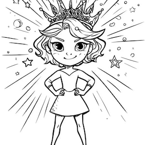 May include: Black and white illustration of a girl wearing a crown, radiating energy with stars and lines. The text at the bottom reads "Your superpower is being YOU!"