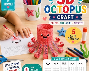 Octopus Craft Printable PDF, Ocean Animal Cut and Paste Activity (Digital Download)