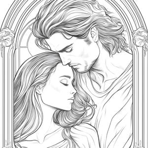 May include: A black and white line art illustration depicting two figures in an intimate embrace within an arched frame. The figures have long, flowing hair and are positioned close together, with one figure leaning their forehead against the other.