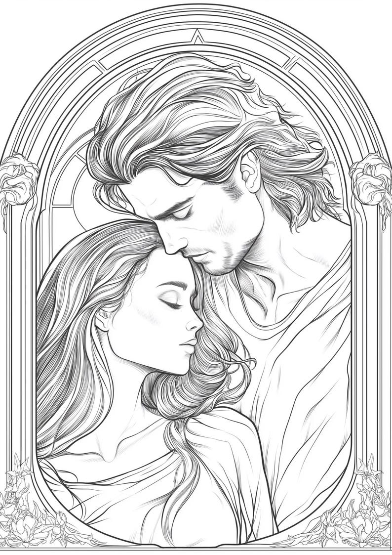 May include: A black and white line art illustration depicting two figures in an intimate embrace within an arched frame. The figures have long, flowing hair and are positioned close together, with one figure leaning their forehead against the other.
