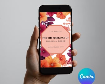 Vintage Floral Wedding Save the Date, Colorful Botanical Announcement, Electronic Save The Date Invitation Template, iPhone Invitation