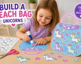 Unicorn Beach Bag Craft Printable | Kids Summer Cut and Paste Activity (PDF Download)