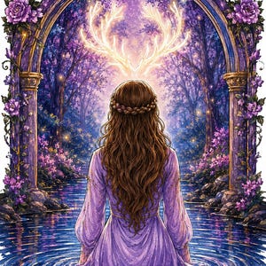 May include: A digital illustration of a person with long brown hair in a braided crown, wearing a lavender dress, standing in water. Behind them is a stone archway adorned with purple roses, leading to a glowing forest with deer antlers.