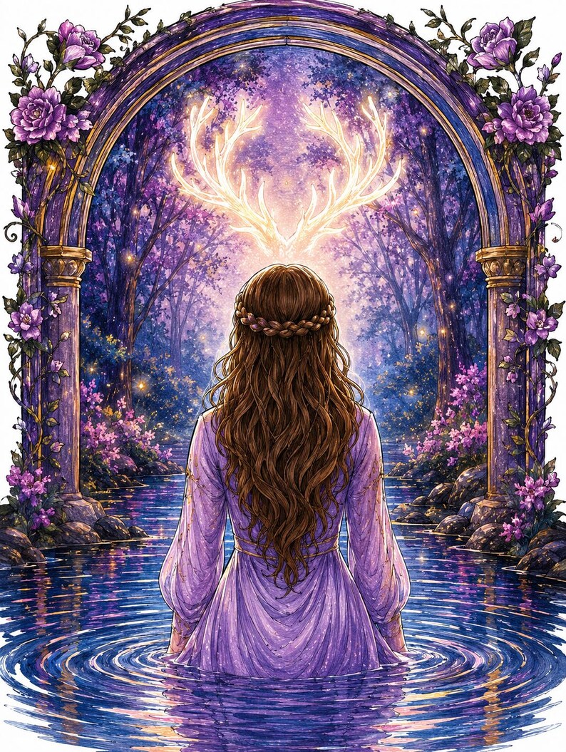May include: A digital illustration of a person with long brown hair in a braided crown, wearing a lavender dress, standing in water. Behind them is a stone archway adorned with purple roses, leading to a glowing forest with deer antlers.