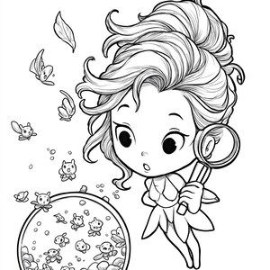 May include: Black and white illustration of a cartoon girl with curly hair holding a magnifying glass, surrounded by floating creatures and butterflies. The text "I notice tiny magic all around me!" is at the top.