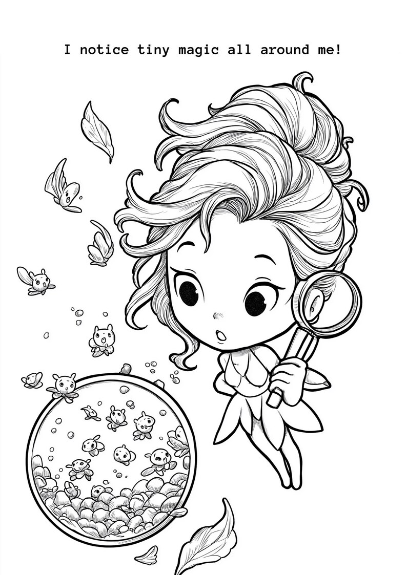 May include: Black and white illustration of a cartoon girl with curly hair holding a magnifying glass, surrounded by floating creatures and butterflies. The text "I notice tiny magic all around me!" is at the top.