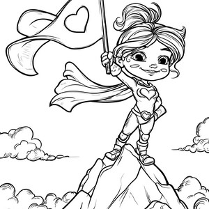 May include: Black and white illustration of a superhero standing on a mountain, holding a flag with a heart. The image includes the text "I can do hard things!" above the character.