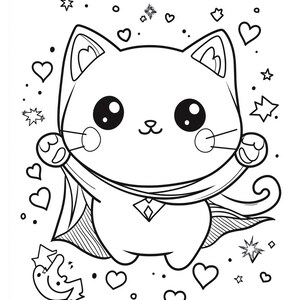 May include: Black and white illustration of a cartoon cat wearing a cape, surrounded by hearts and stars. The text "Happiness is a superpower!" is at the top. This image is suitable for coloring books or children's art projects.