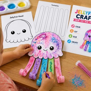 May include: A jellyfish craft kit featuring printed templates labeled Jellyfish Head and Tentacles, a color guide titled JELLYFISH CRAFT, a paint palette, and glitter tubes. A completed jellyfish cutout with colorful painted and glittered tentacles.
