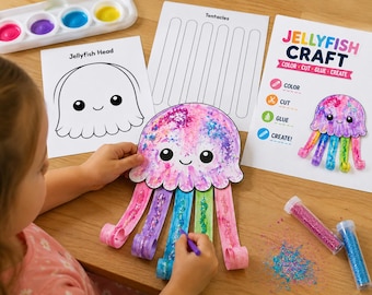 Jellyfish Craft Activity, Preschool Fine Motor Skills, Cut and Paste, Summer Coloring (Digital Download)