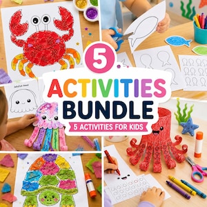 May include: A 5 activities bundle for kids featuring various craft projects including a glittery red crab, a jellyfish, a turtle, and paper cutouts. The image displays colourful art supplies like crayons, scissors, and glue sticks alongside printed activity sheets with sea creature illustrations and the text 5 ACTIVITIES BUNDLE 5 ACTIVITIES FOR KIDS.