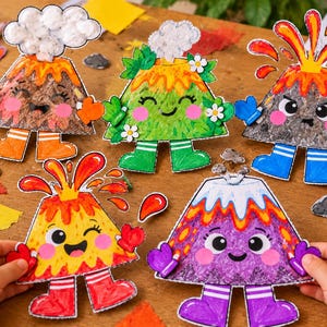 May include: Five colorful paper volcano cutouts with smiling faces, rosy cheeks, and boots. Each volcano features unique details like cotton smoke, green foliage with flowers, erupting lava, or purple textures, all arranged on a wooden surface.