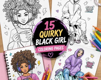 15 Quirky Black Girl Coloring Pages, Fashion Portraits (Digital Download)