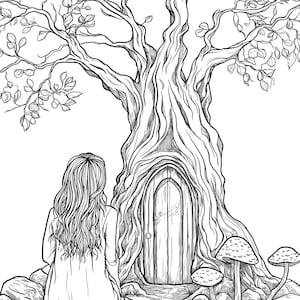 May include: A black and white line art illustration featuring a person with long wavy hair seen from behind, sitting before a large tree with a wooden door embedded in its trunk. Three mushrooms grow near the base of the tree among small rocks.