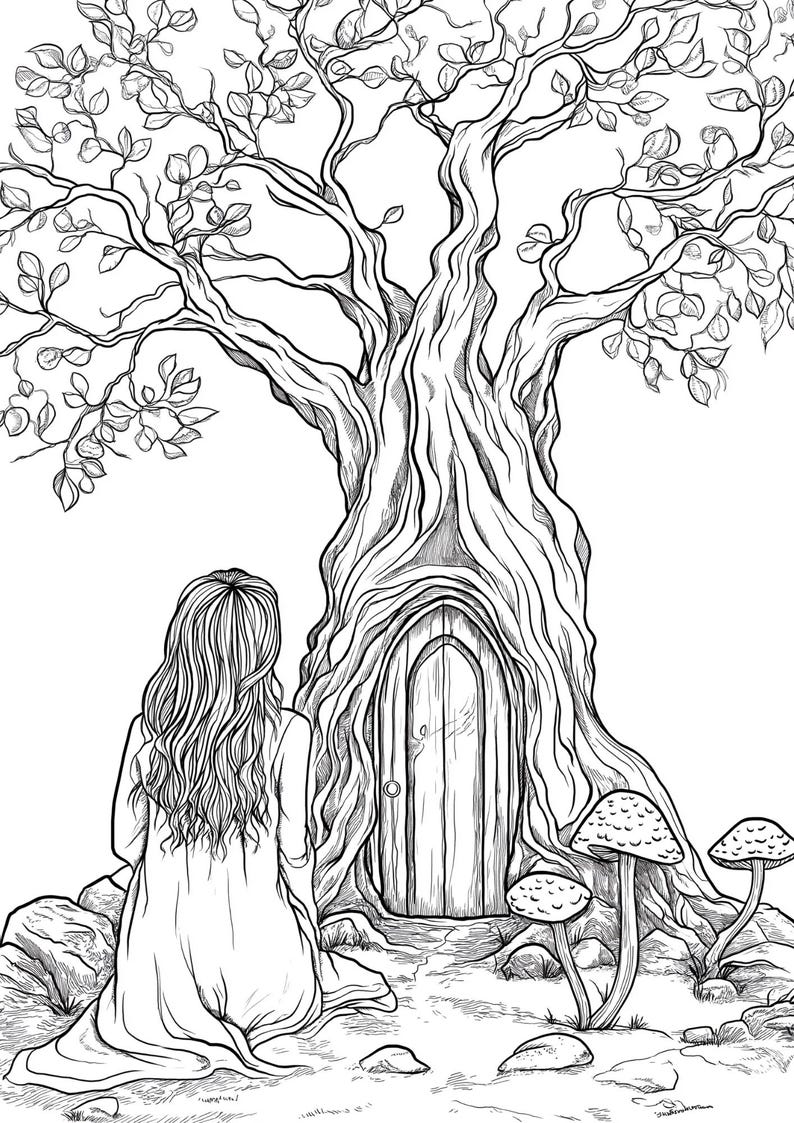 May include: A black and white line art illustration featuring a person with long wavy hair seen from behind, sitting before a large tree with a wooden door embedded in its trunk. Three mushrooms grow near the base of the tree among small rocks.