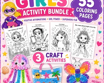 Girls Activity Bundle Printable, 55 Coloring Pages, Kids Paper Crafts, PDF Download