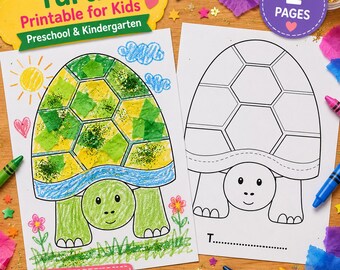 Sea Turtle Torn Paper Craft, Fingerprint Art, Preschool Kindergarten Activity (PDF)