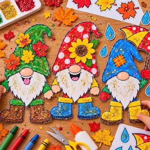 Puede incluir: Tres figuras de gnomos recortadas en papel y decoradas con purpurina. El gnomo de la izquierda lleva un sombrero verde con hojas de otoño, el central uno rojo de lunares con un girasol, y el de la derecha uno azul con un paraguas.