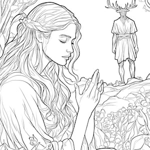 May include: A black and white line art illustration featuring a person with long flowing hair and a braided crown, hands clasped in front, positioned in a field of flowers. In the background, a figure with a deer head and antlers stands.