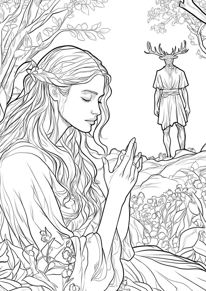 May include: A black and white line art illustration featuring a person with long flowing hair and a braided crown, hands clasped in front, positioned in a field of flowers. In the background, a figure with a deer head and antlers stands.