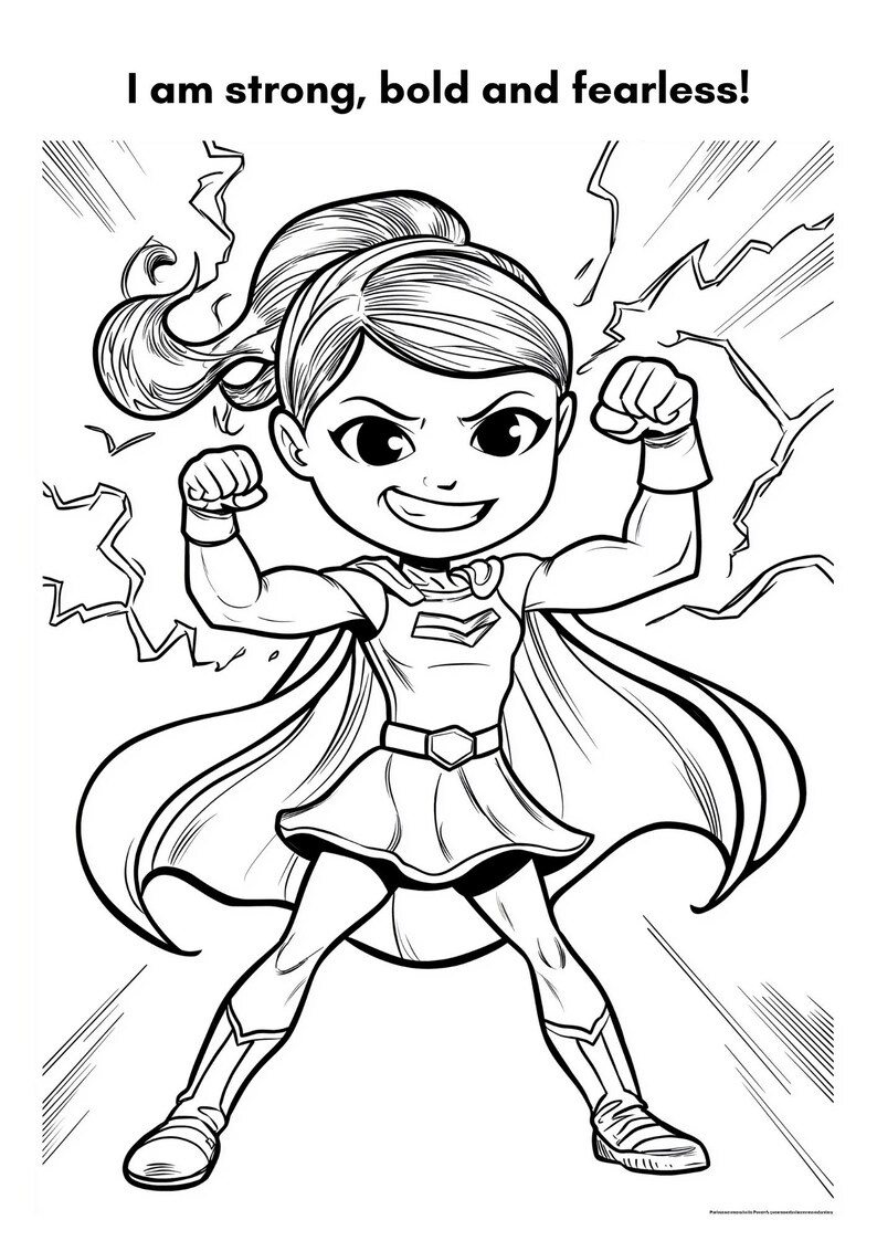 May include: Black and white illustration of a superheroine with the text "I am strong, bold and fearless!". The character is flexing her muscles, wearing a cape, skirt, and boots, with lightning bolts in the background. A coloring page.