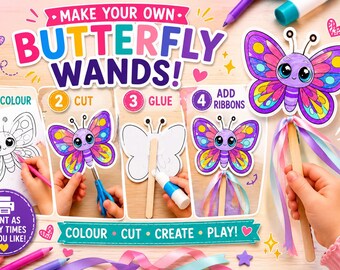 Printable Butterfly Wand, Printable Colour In Wands, Make Your Own Wand, Printable Kids Crafts, Crafting, Instant Download