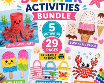Summer Activity Bundle, 5 Crafts, 29 Pages (Printable PDF)