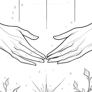 May include: A black and white line art illustration featuring two hands reaching toward each other, surrounded by small four-pointed stars, vertical lines, and botanical elements with leaves at the bottom, centered around a large radiant star.