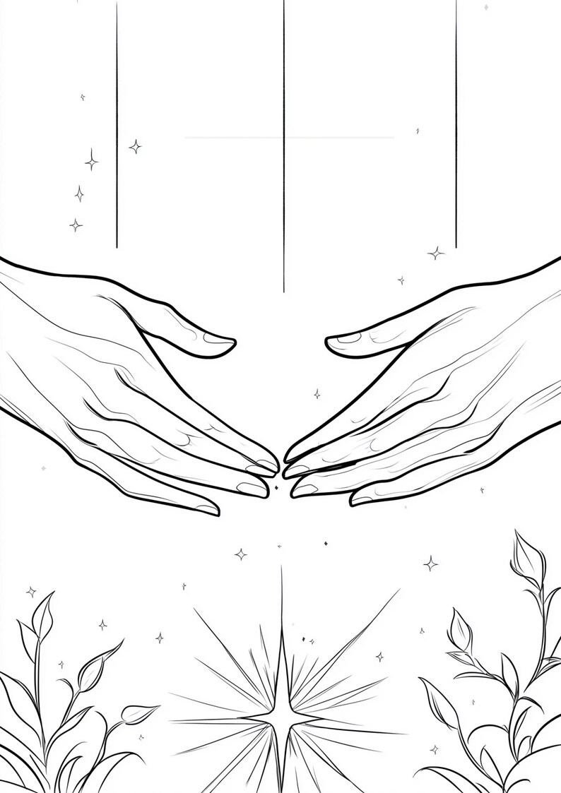 May include: A black and white line art illustration featuring two hands reaching toward each other, surrounded by small four-pointed stars, vertical lines, and botanical elements with leaves at the bottom, centered around a large radiant star.