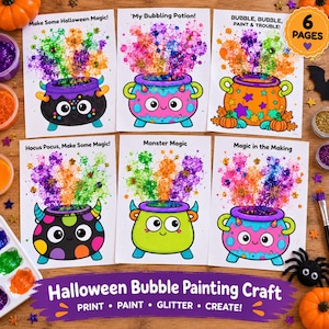 May include: A set of six Halloween-themed printable activity sheets featuring cartoon cauldrons with colorful bubble art. Each page displays a unique cauldron design with text including Make Some Halloween Magic, My Bubbling Potion, and Bubble, Bubble, Paint & Trouble.