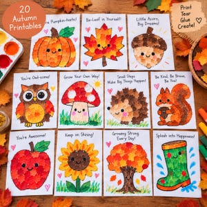 May include: A set of 20 autumn-themed printable activity sheets featuring colourful illustrations of a pumpkin, leaf, acorn, owl, mushroom, hedgehog, squirrel, apple, sunflower, tree, and rain boot, each with a positive phrase and heart accents.