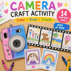 May include: A camera craft activity kit featuring 14 printable pages with text reading CAMERA CRAFT ACTIVITY, Color, Draw, Create, and Print at Home. Includes a paper camera, a film strip with drawings, two polaroid-style cards, and wax crayons.
