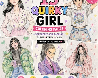 15 Quirky Asian Fashion Coloring Pages, Women of the World (Digital Download)