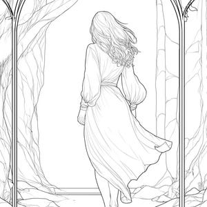 May include: A black and white line art illustration featuring a person with long flowing hair seen from behind, wearing a long dress with billowy sleeves. The figure walks through a tall arched doorway framed by trees with detailed bark textures.