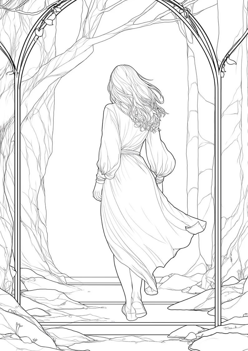 May include: A black and white line art illustration featuring a person with long flowing hair seen from behind, wearing a long dress with billowy sleeves. The figure walks through a tall arched doorway framed by trees with detailed bark textures.