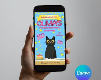 Black Cat Birthday Invitation | Kids Party E-Invite | Editable Canva Template (Digital Download)