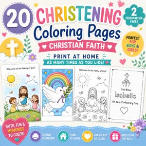 Puede incluir: Una colección digital de 20 páginas para colorear de bautizo con temas de fe cristiana. El conjunto incluye ilustraciones de Jesús con niños, una paloma con un arcoíris y páginas personalizadas con textos como Welcome to the family of God.