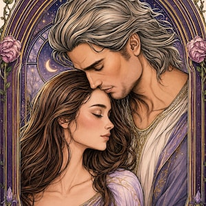 May include: An illustration of two figures embracing within an arched frame. The person on the left has long brown hair and wears a light purple garment. The person on the right has wavy light hair and wears a white and purple robe. The background features a starry night sky with a crescent moon, framed by purple roses and blue flowers.