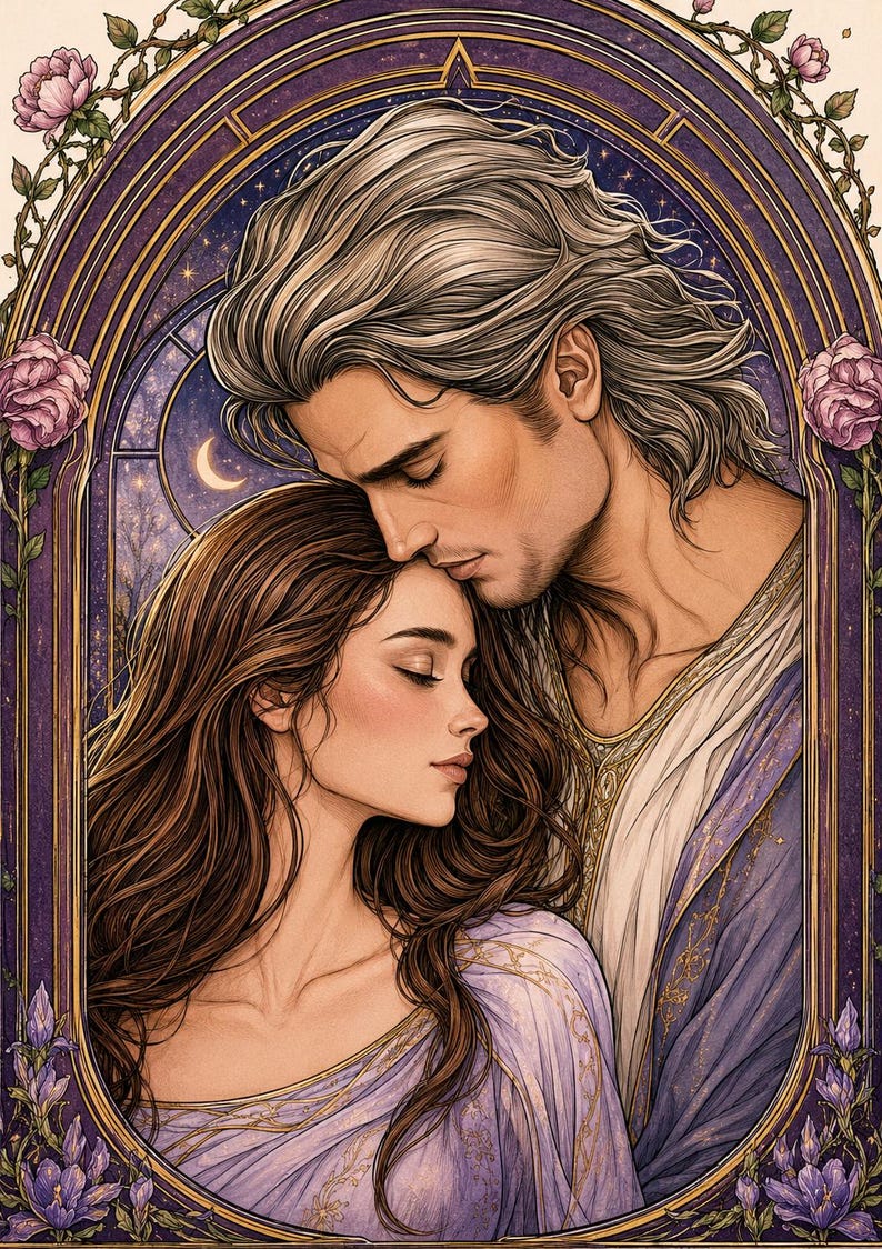 May include: An illustration of two figures embracing within an arched frame. The person on the left has long brown hair and wears a light purple garment. The person on the right has wavy light hair and wears a white and purple robe. The background features a starry night sky with a crescent moon, framed by purple roses and blue flowers.