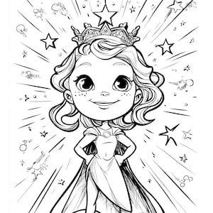 May include: Black and white illustration of a smiling cartoon character wearing a crown and cape, with the text "My crown shines bright every day." The image includes stars and radiating lines.