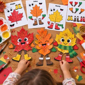 May include: A craft project featuring three cartoon leaf characters: a red maple leaf, an orange oak leaf, and a yellow leaf, each with googly eyes, smiles, and paper limbs. The set includes printed instruction sheets, paint, brushes, and scissors.