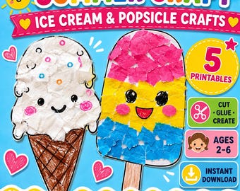 Summer Ice Cream Popsicle Craft Templates, Torn Paper Activity (PDF)