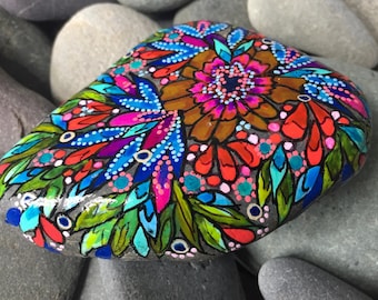 Kaleidoscope Heart Painted Rock, Boho Desk Art