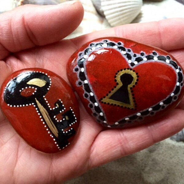 You hold the key / love is the key / painted rocks / Sandi Pike Foundas / love from Cape Cod sea stone / lock and key