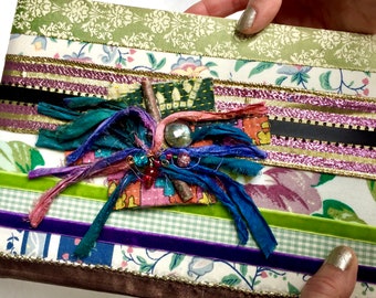 boho gypsy journal/ hand decorated, one of a kind journal/ vintage fabrics and ribbons/glass beads and wire, sari ribbon,kantha quilt scra