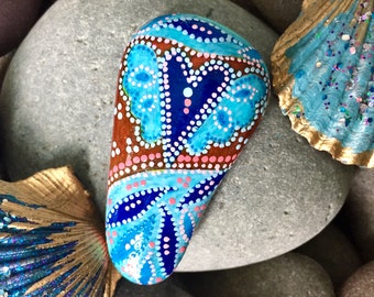Painted Sea Stone, Boho Desk Altar Art, Cape Cod